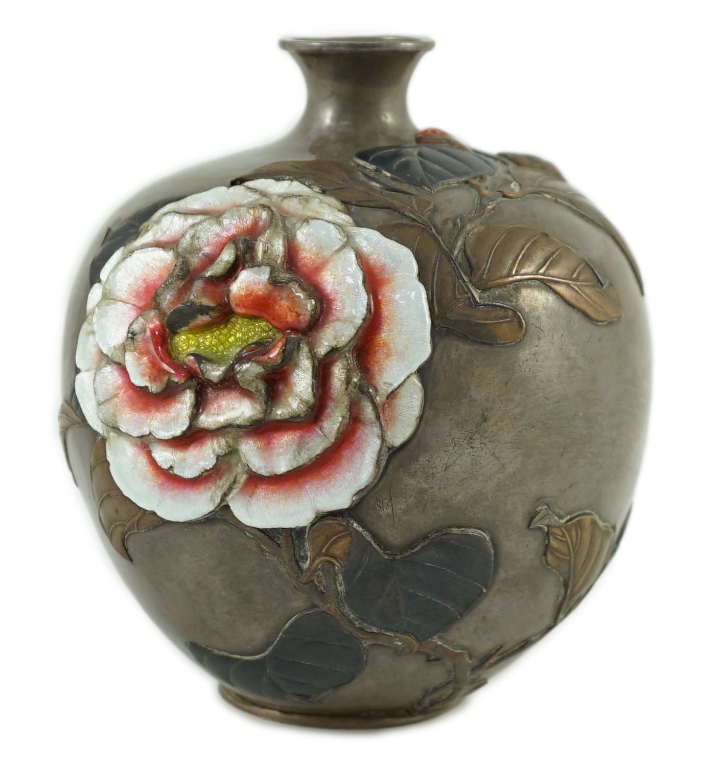 A Japanese silver, enamel and mixed metal vase, Meiji period, 12.5 cm high, dents